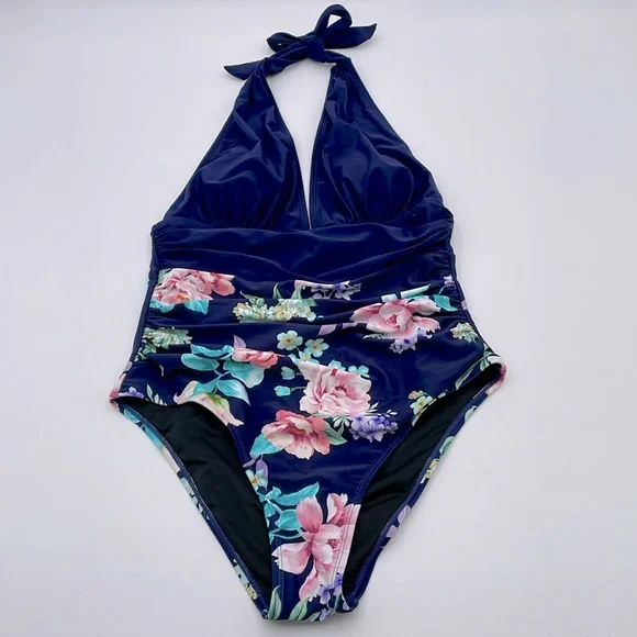 CUPSHE Blue Floral Plunge Halter Tie Neck Tummy Control One-Piece Swimsuit - Picture 3 of 13